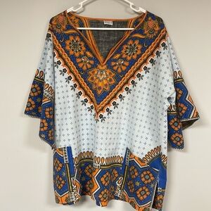 Bajan Women's XL top/blouse  colorful orange & Blue designs, V neck, cotton